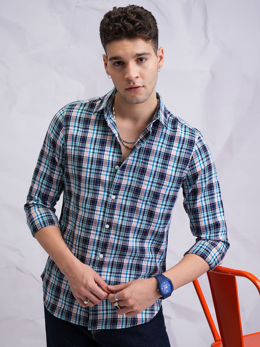 

Highlander Men Checked Slim Fit Shirt, Navy blue