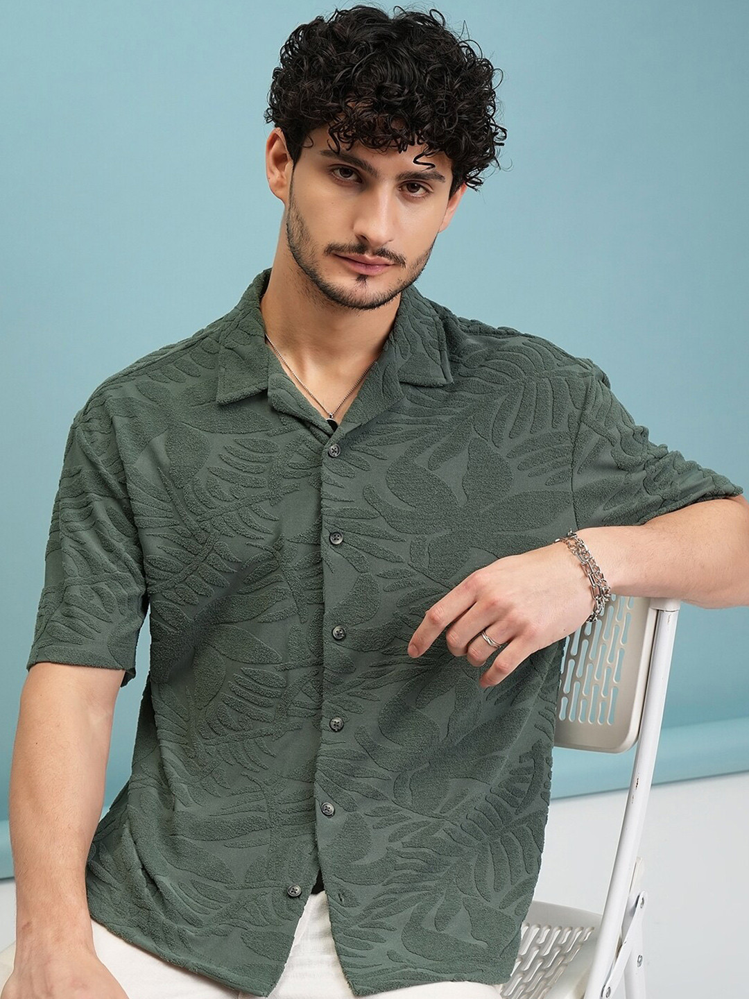 

HIGHLANDER Terry Towel Oversized Drop Shoulder Cuban Collar Shirt, Green