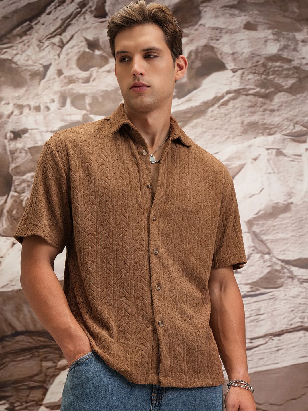 

Highlander Men Drop shoulder Half Sleeve Shirt, Brown