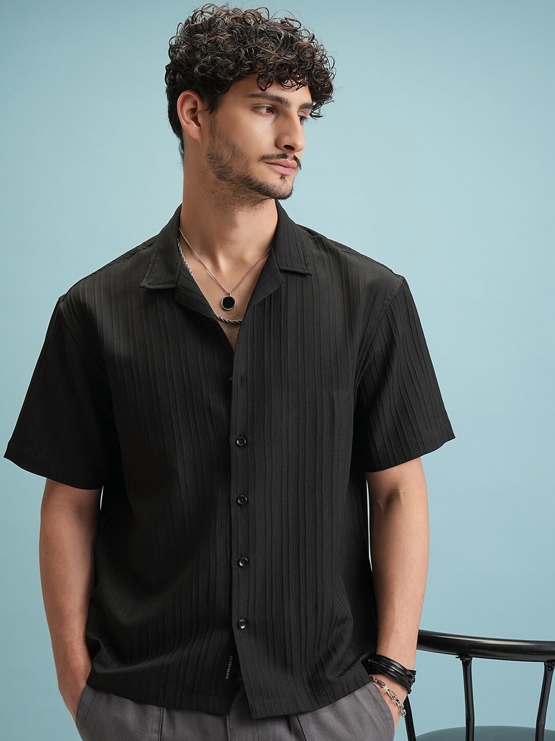 

Highlander Men Jrd Textured Striped Cuban Collar Oversized Shirt, Black