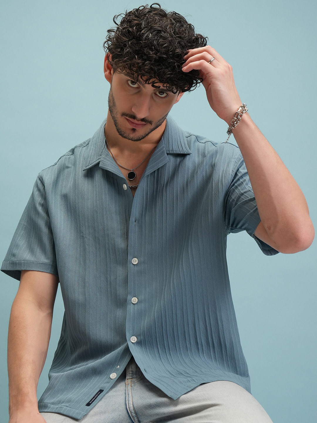 

HIGHLANDER Jacquard Textured Striped Cuban Collar Oversized Shirt, Teal