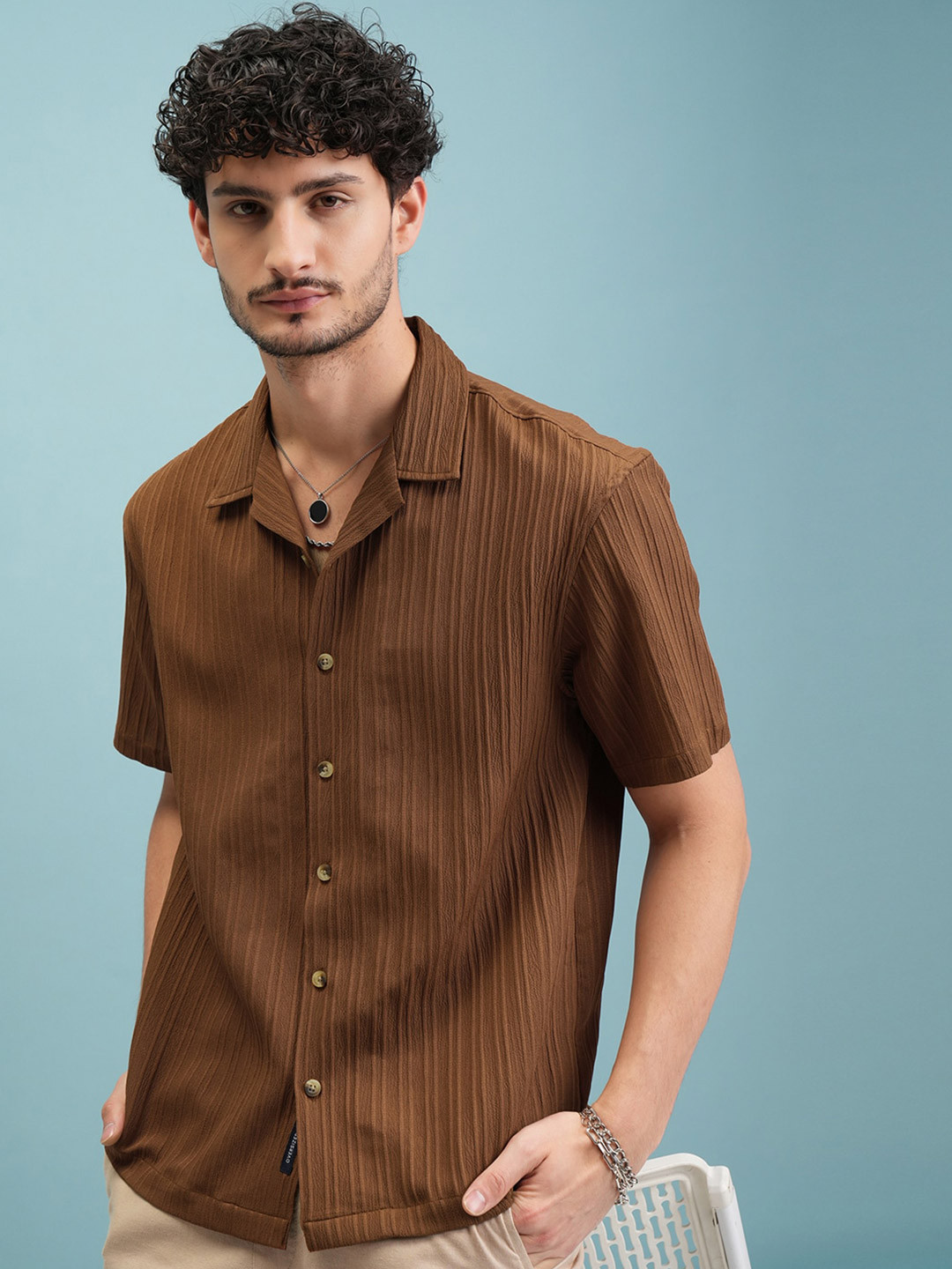 

Highlander Men Jrd Textured Striped Cuban Collar Oversized Shirt, Brown