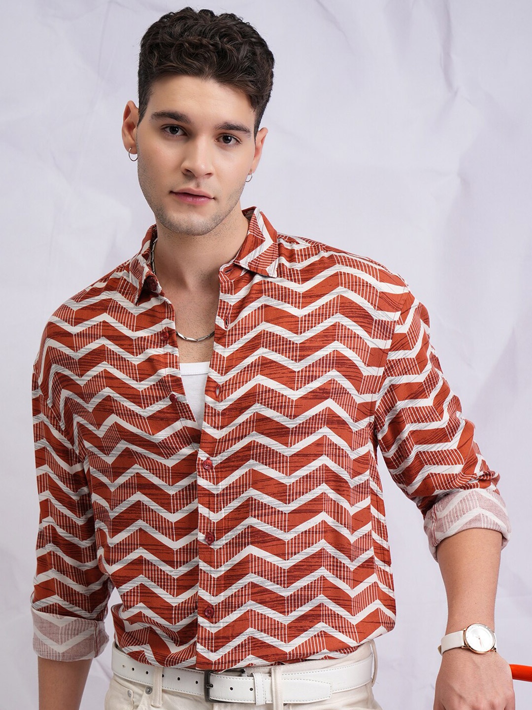 

HIGHLANDER Regular Collar Full Sleeve All Over Print Oversized Shirt, Rust