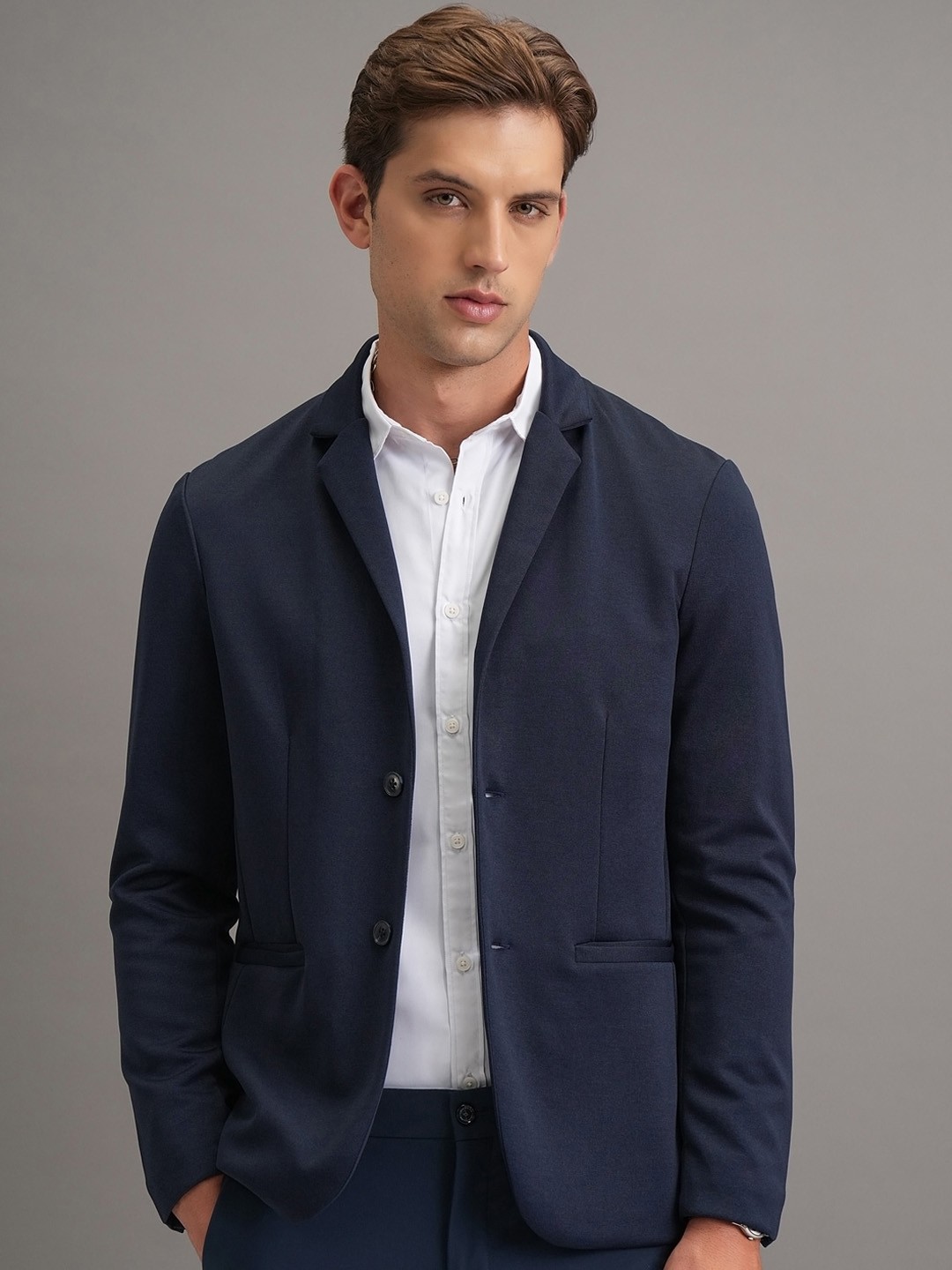 

HIGHLANDER Navy Blue Notched-Lapel Long Sleeves Single-Breasted Blazer