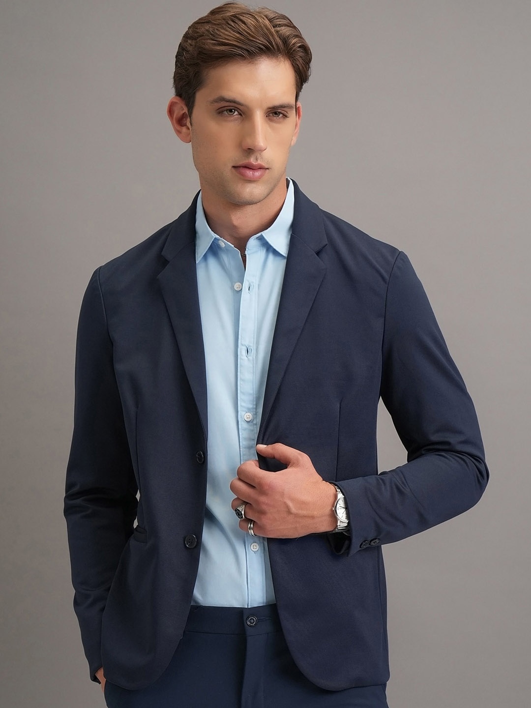 

HIGHLANDER Navy Blue Notched-Lapel Long Sleeves Single-Breasted Blazer