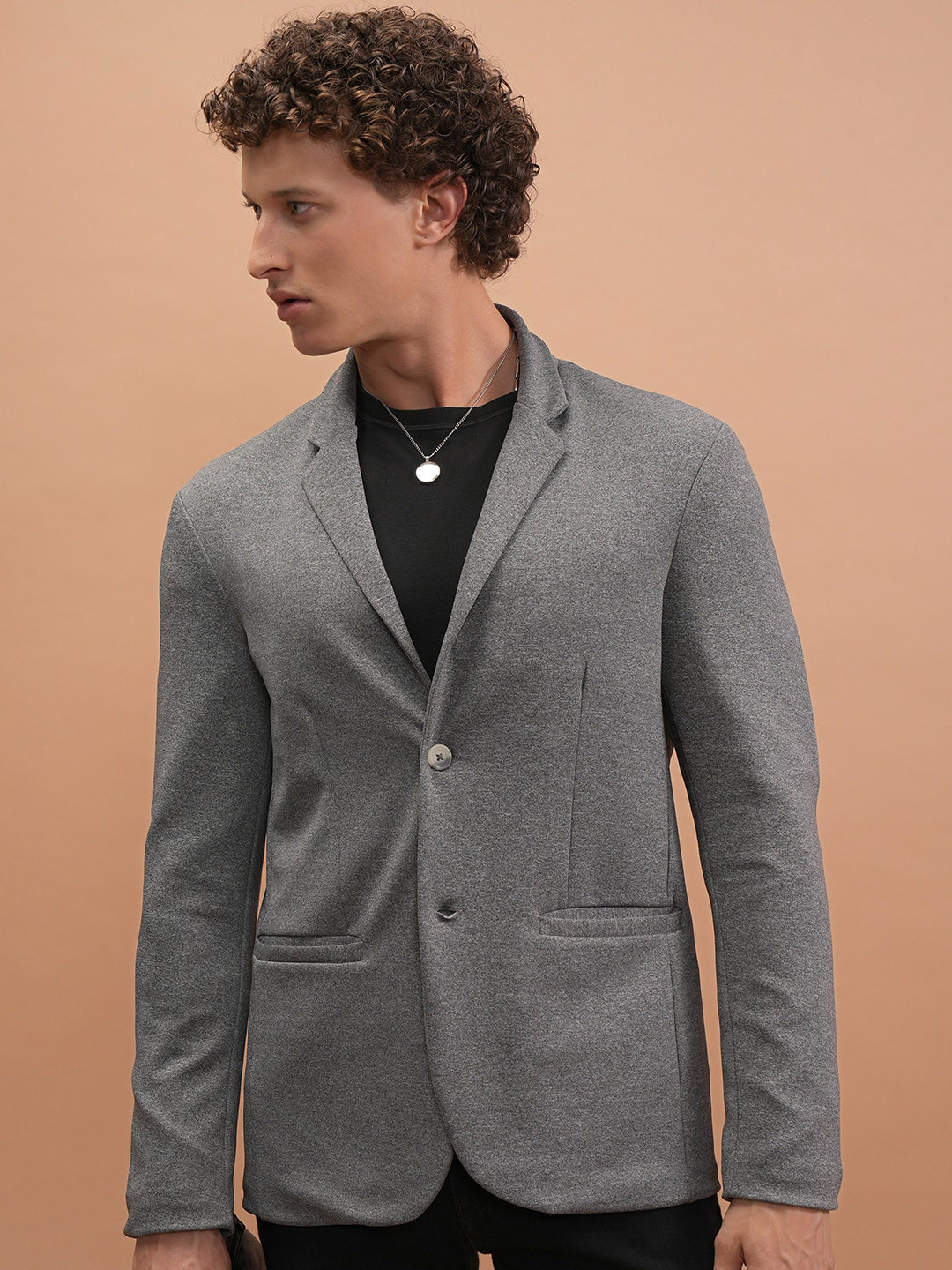 

HIGHLANDER Grey Melange Notched-Lapel Long Sleeves Single-Breasted Relaxed-Fit Blazer