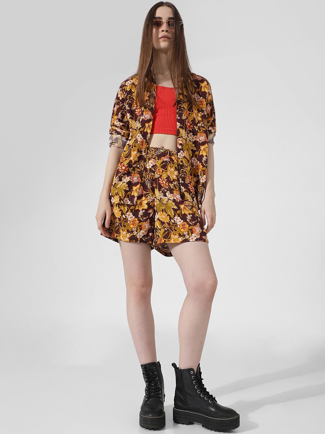 ONLY Women Floral Printed Shorts, Brown