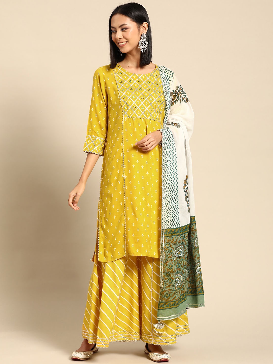 

RANGMAYEE Women Ethnic Motifs Printed Regular Gotta Patti Pure Cotton Kurta with Sharara & With Dupatta, Yellow