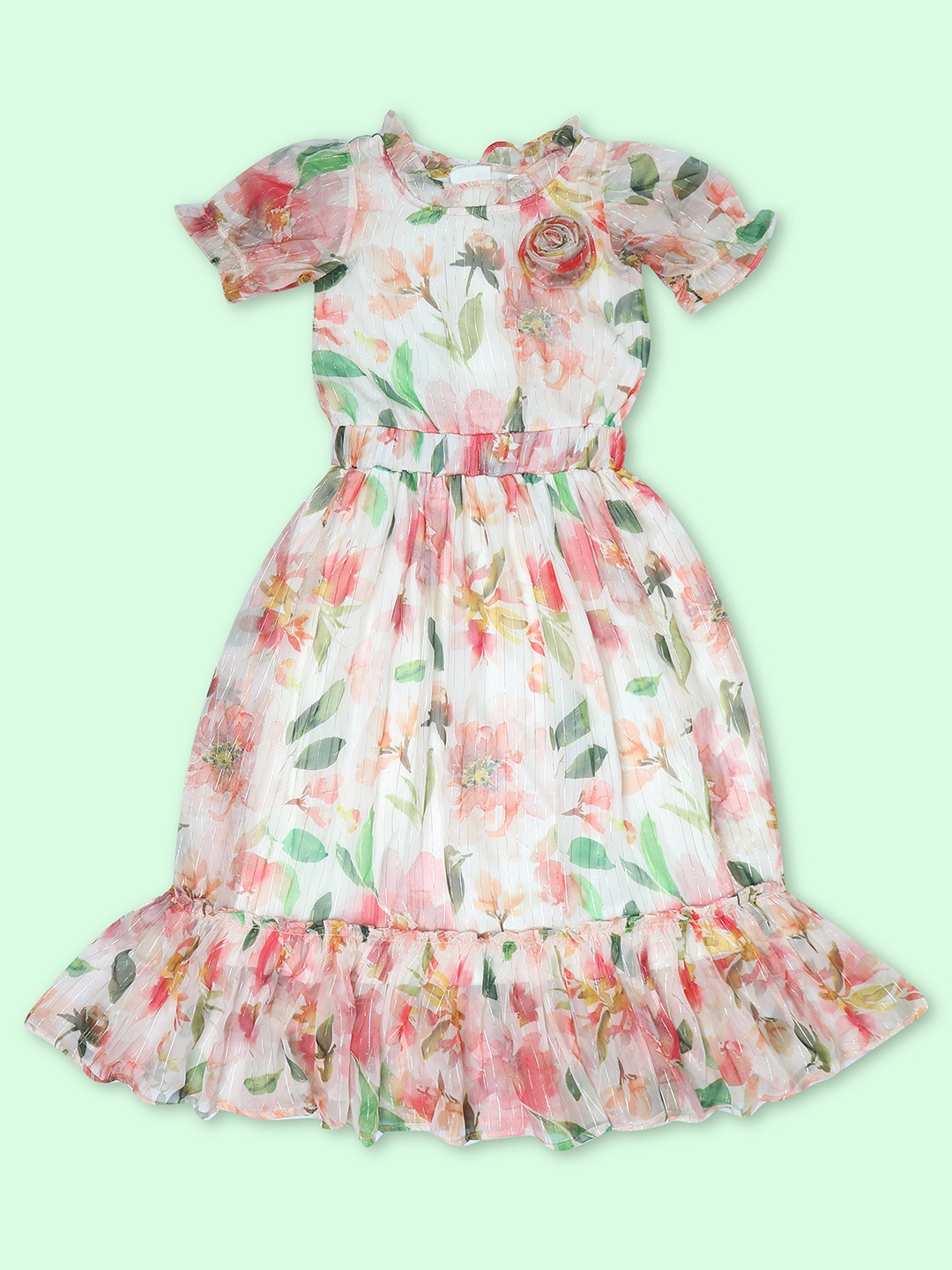 

Doodle Floral Print Puff Sleeve Chiffon Fit & Flare Dress, Off white