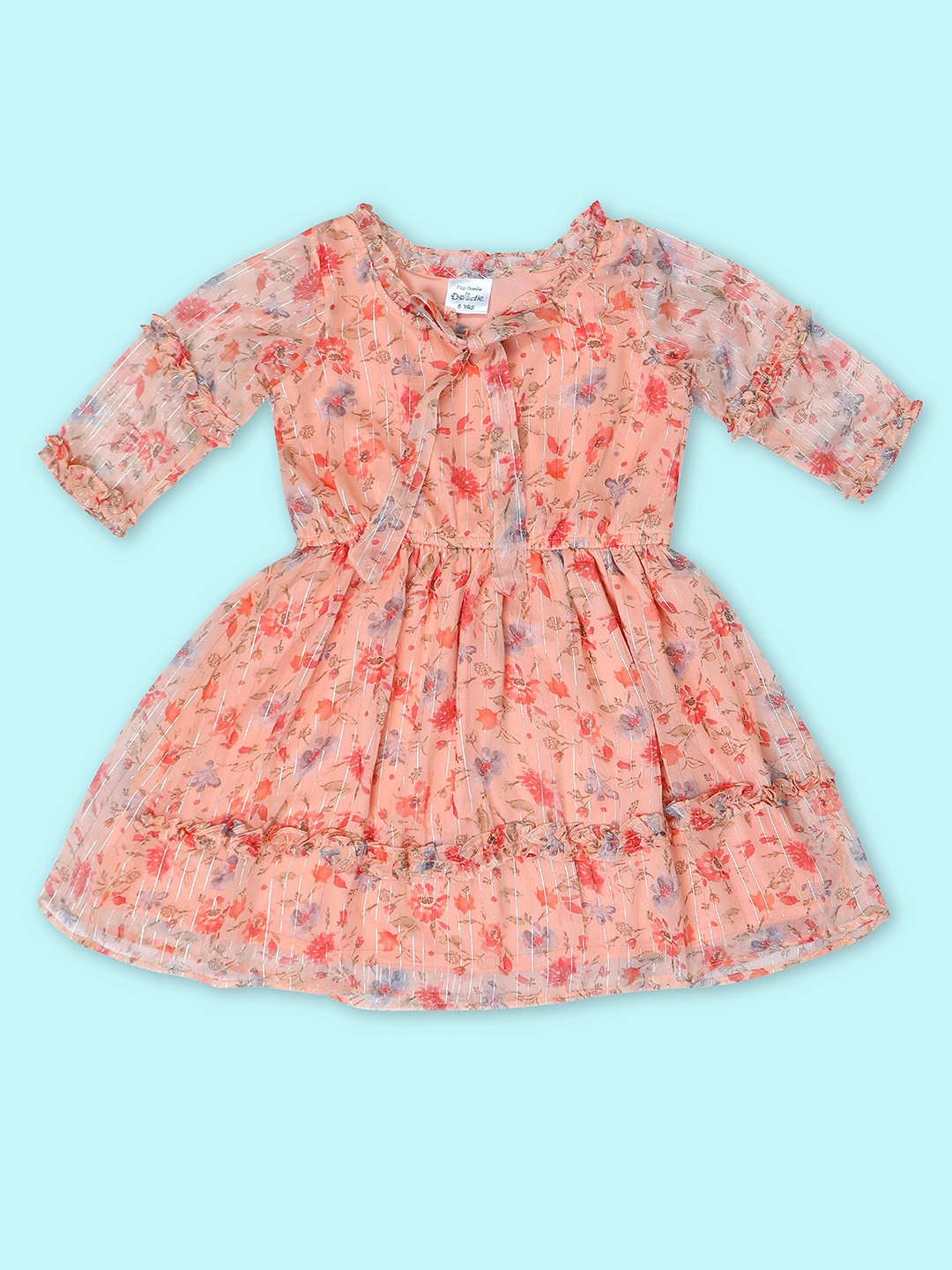 

Doodle Girls Floral Printed Tie-Up Neck Chiffon Fit & Flare Dress, Coral