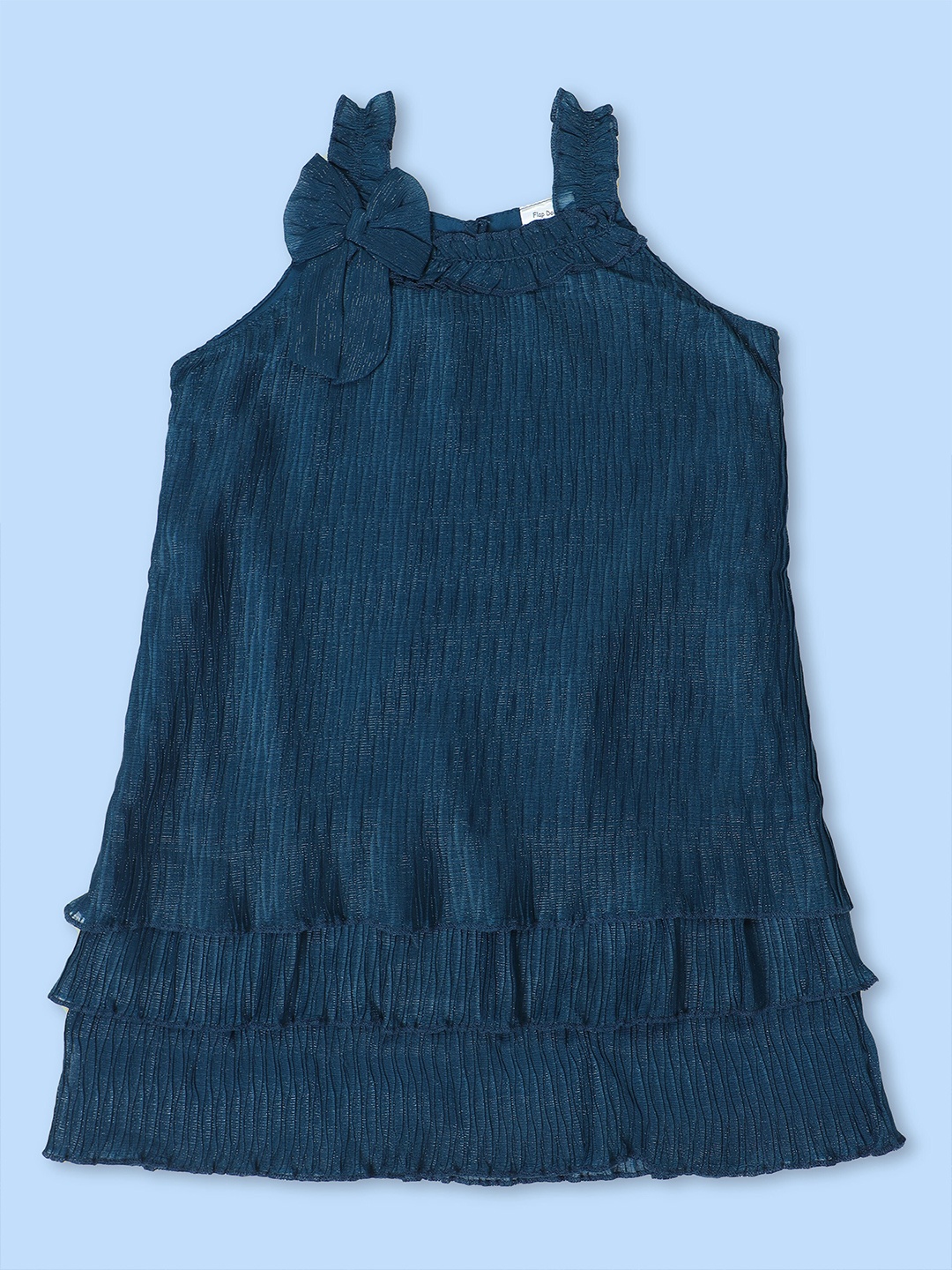 

Doodle Girls Self Design Sleeveless Layered Detail Satin A-Line Dress, Navy blue