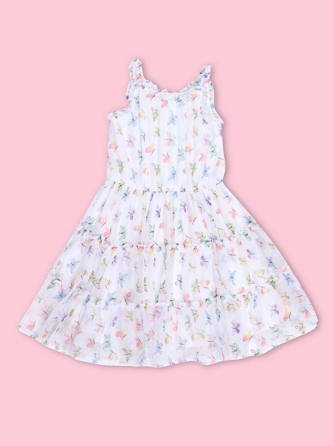 

Doodle Girls Floral Printed Shoulder Straps Chiffon Fit & Flare Dress With Sling Bag, White