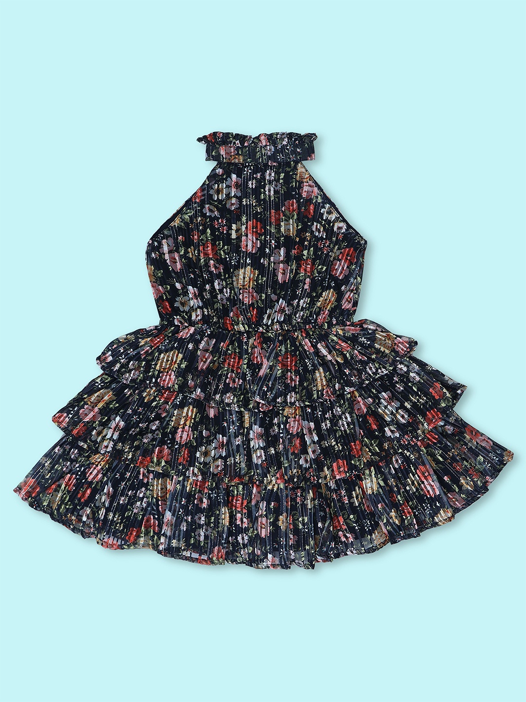 

Doodle Girls Floral Printed Halter Neck Layered Chiffon Fit & Flare Dress, Navy blue