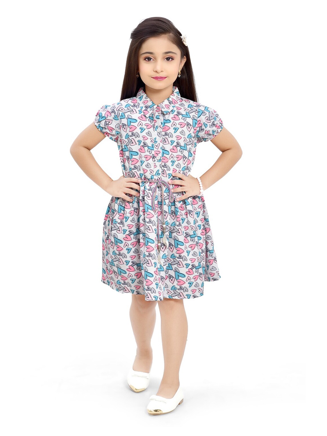 

Doodle Girls Floral Printed Shirt Collar Puff Sleeves Tie-Ups Detail Satin Shirt Dress, White