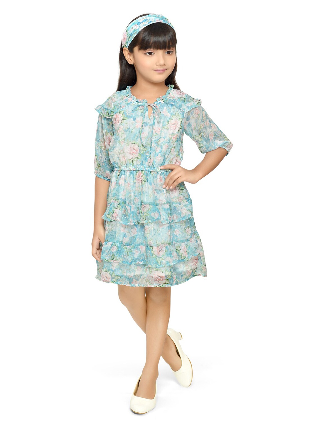 

Doodle Girls Floral Print Tiered Tie-Up Neck Chiffon Fit & Flare Dress, Blue