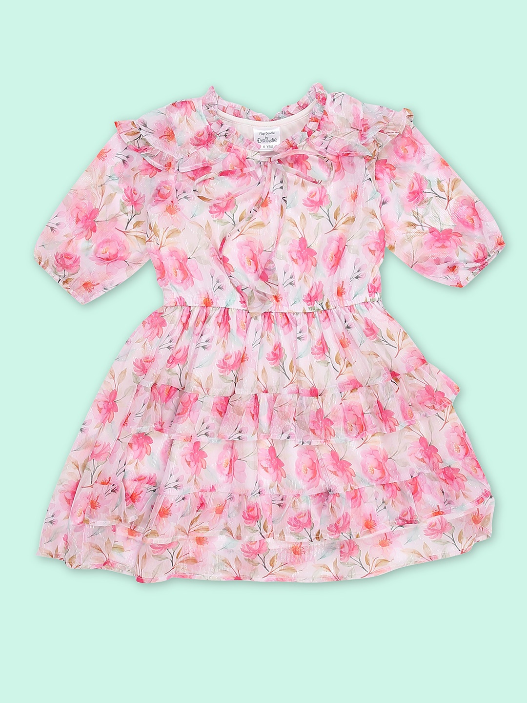 

Doodle Girls Floral Print Chiffon Fit & Flare Dress With Hair Band, Pink