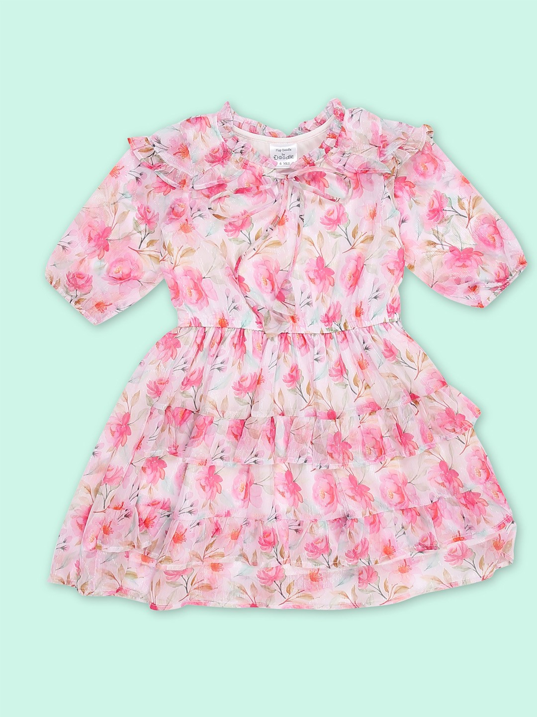 

Doodle Girls Floral Print Chiffon Fit & Flare Dress With Hair Band, Pink