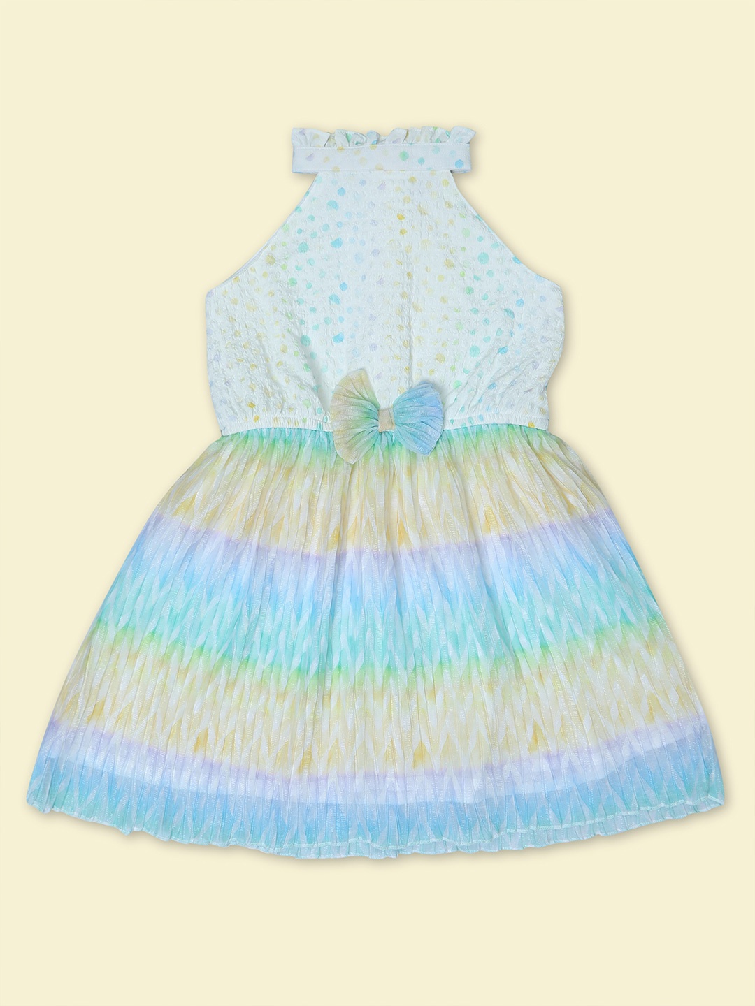 

Doodle Girls Abstract Printed Halter Neck Bow Detail Satin Fit & Flare Dress, Yellow