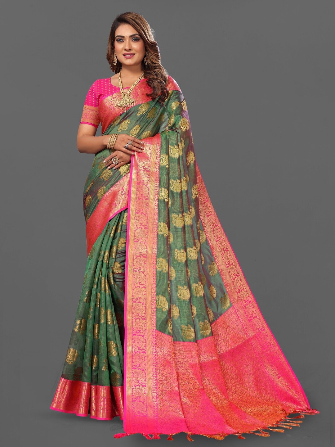 

Paramparik Textile Woven Design Zari Organza Banarasi Saree, Green