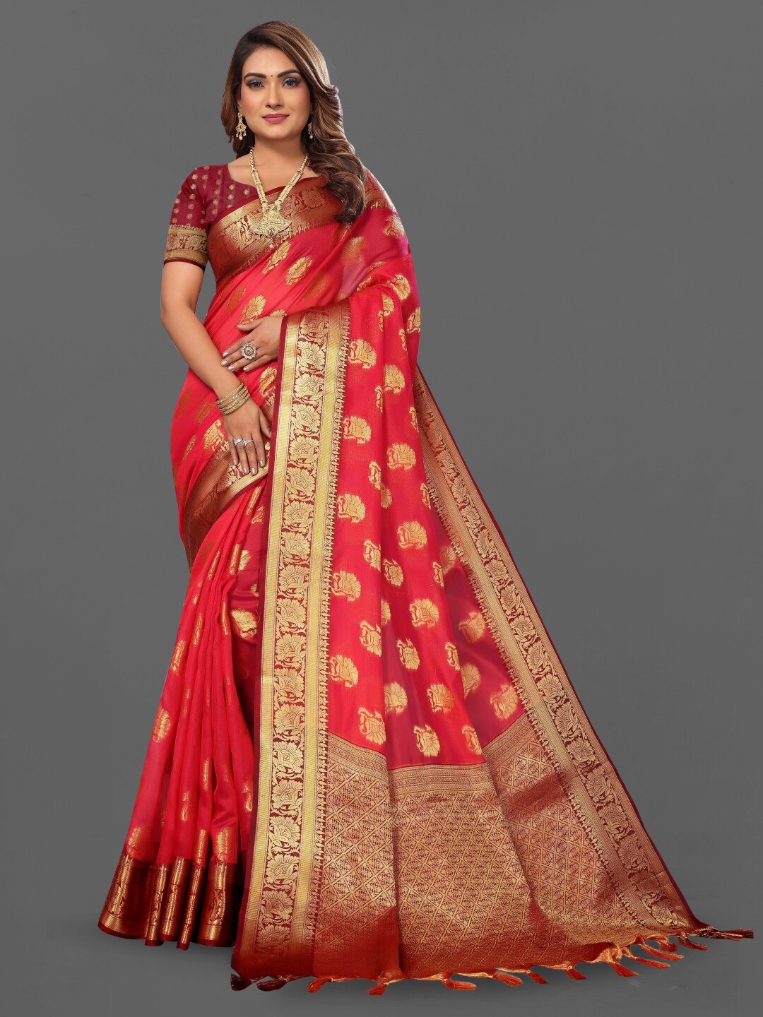 

Paramparik Textile Woven Design Zari Organza Banarasi Saree, Red