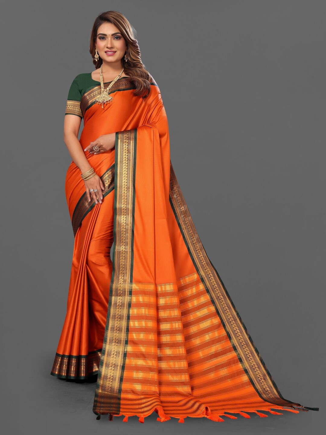 

Paramparik Textile Zari Silk Blend Banarasi Saree, Orange