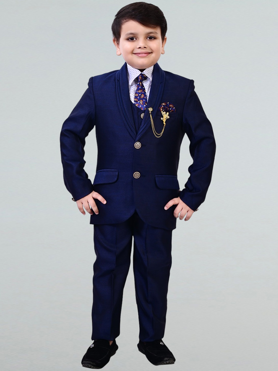 

BT DEZINES Boys Shawl Collar Single-Breasted 3 Piece Suit, Navy blue