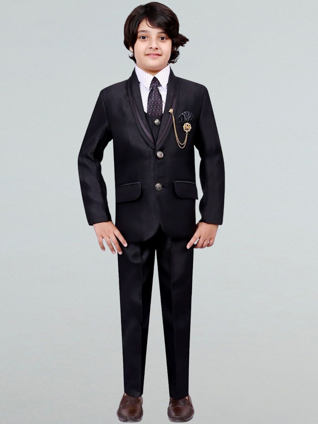

BT DEZINES Boys Shawl Collar Single-Breasted 3 Piece Suit, Black