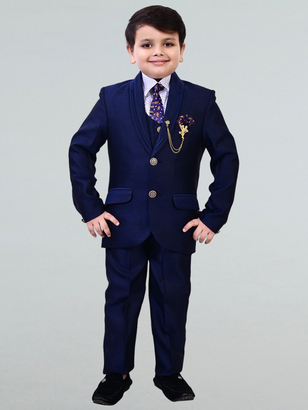 

BT DEZINES Boys Shawl Collar Single-Breasted 3 Piece Suit, Navy blue