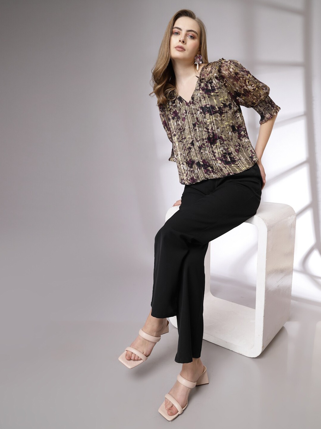 

Freehand by The Indian Garage Co Abstract Print Cuffed Sleeves Top, Olive