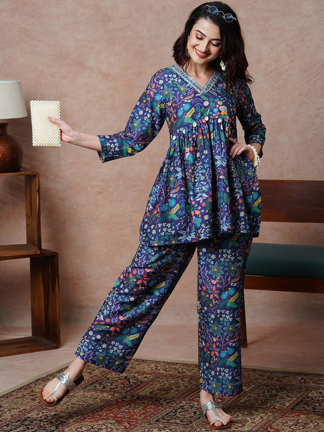 

Globus Embroidered V-Neck Printed Faux Shell A-Line Alia Cut Tunic & Trousers Co-Ords, Purple