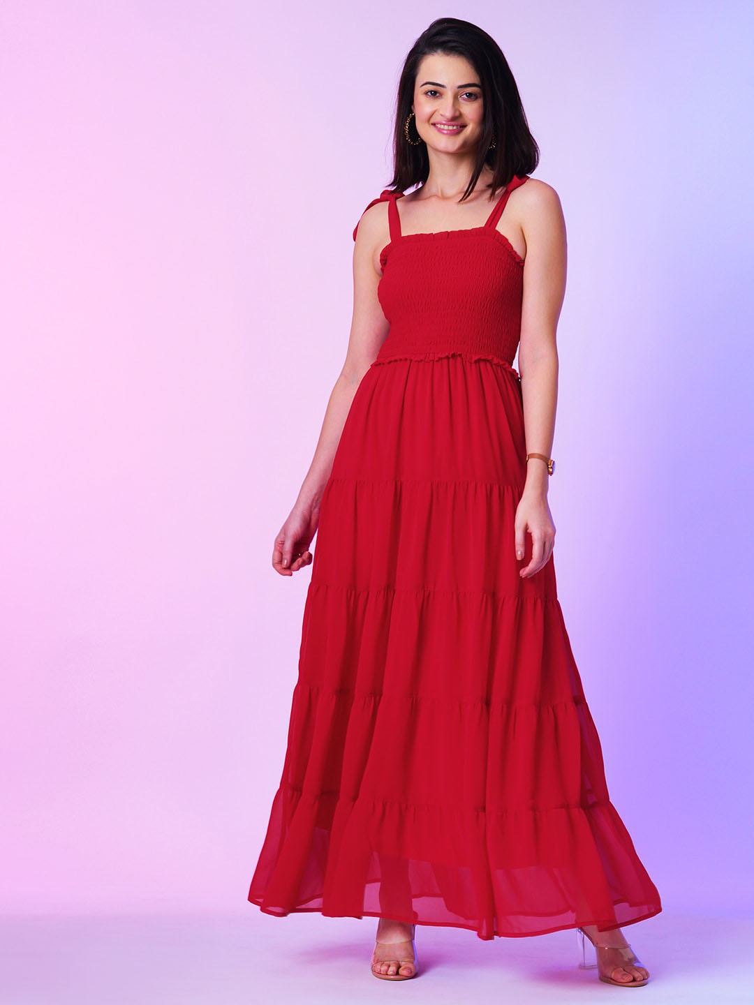 

Globus Red Shoulder Straps Smocked Tiered Georgette Tie-Up Maxi Dress