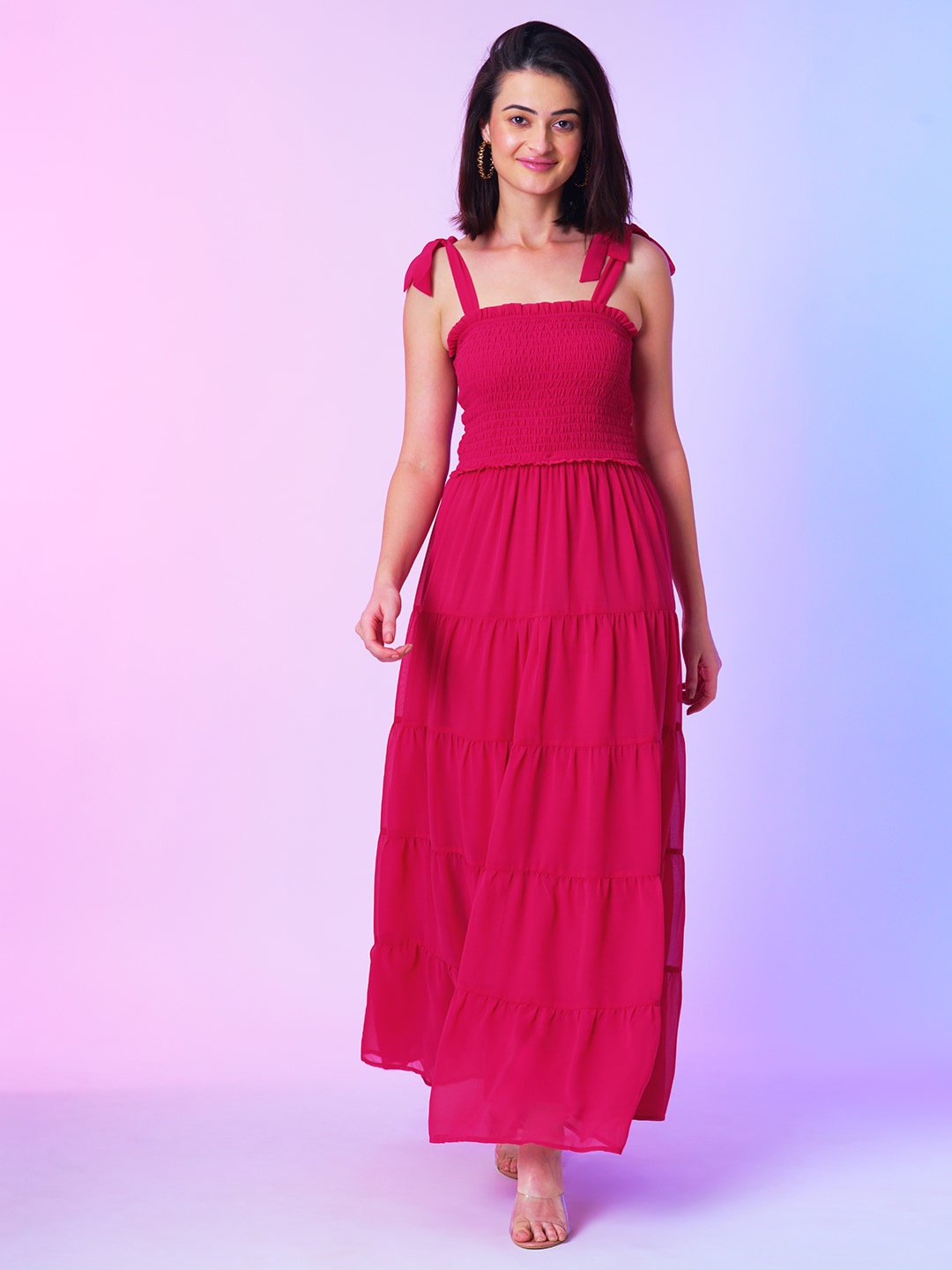 

Globus Pink Shoulder Straps Smocked Georgette Tiered Fit and Flare Maxi Dress