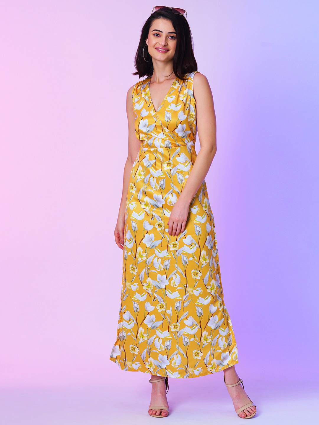 

Globus Yellow Floral Printed Cut-Outs Satin Wrap Maxi Dress