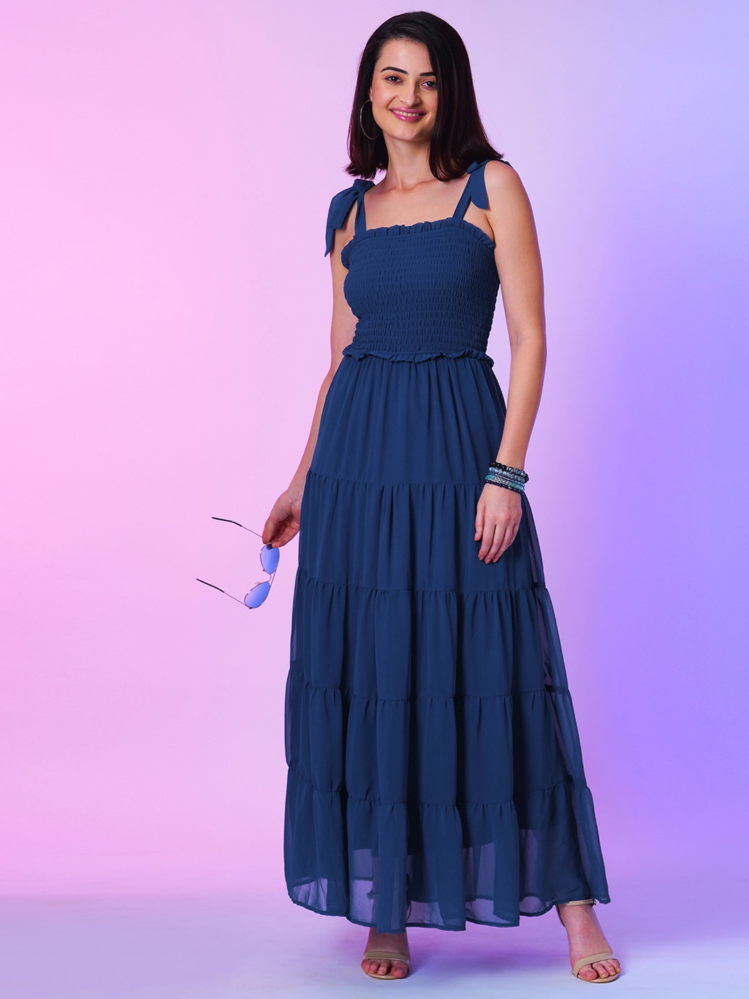 

Globus Blue Shoulder Straps Smocked Georgette Tiered Fit and Flare Maxi Dress