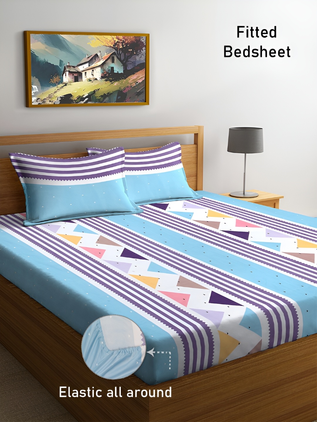 

FABINALIV Geometric Print 300 TC Fitted King Bedsheet with 2 Pillow Covers, Blue