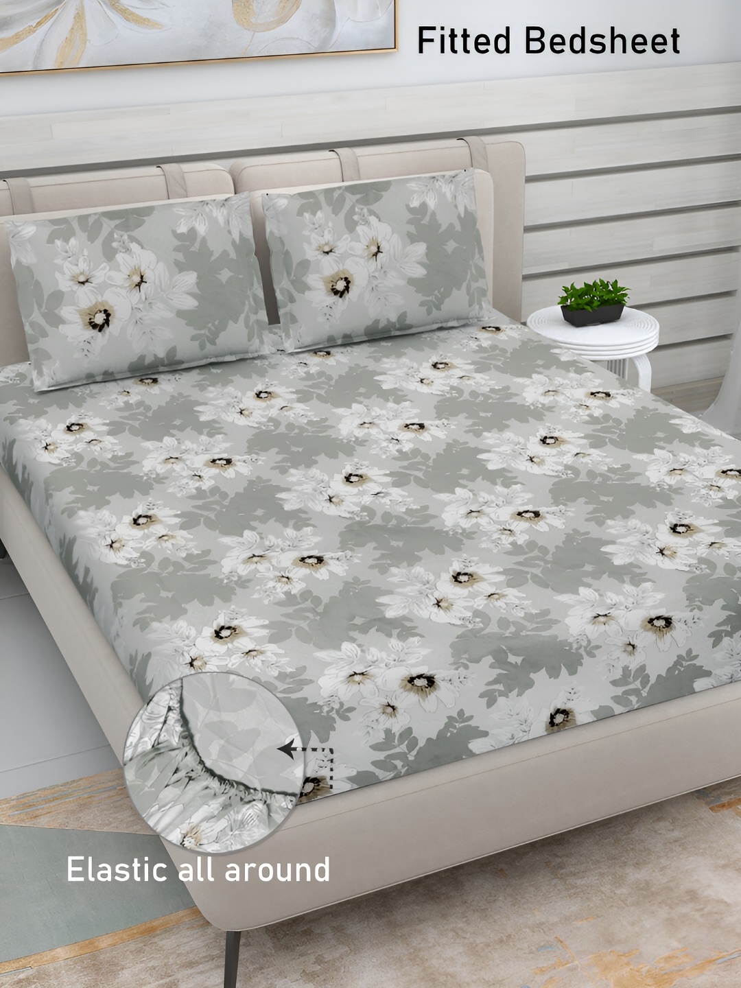 

FABINALIV Grey & White Floral Print 300 TC Fitted King Bedsheet & 2 Pillow Covers