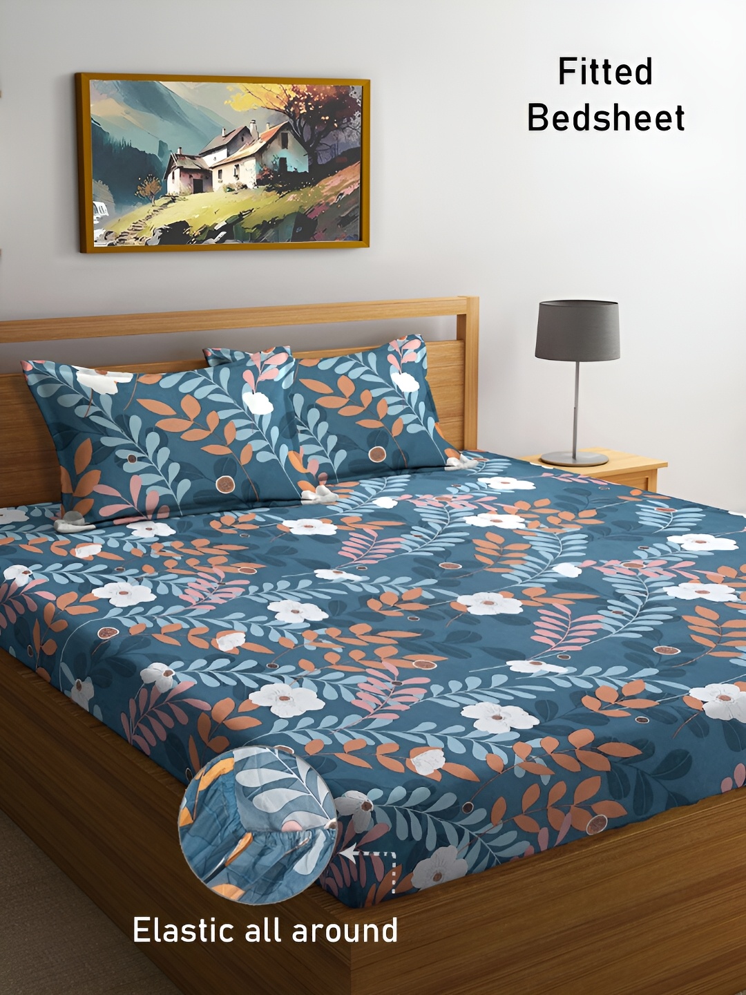 

FABINALIV Blue & Brown Floral Print 300 TC Fitted King Bedsheet & 2 Pillow Covers, Grey