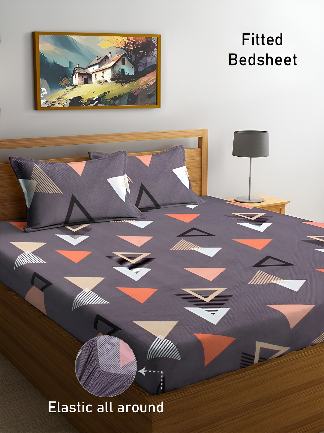 

FABINALIV Geometric Print 300 TC Fitted King Bedsheet with 2 Pillow Covers, Grey