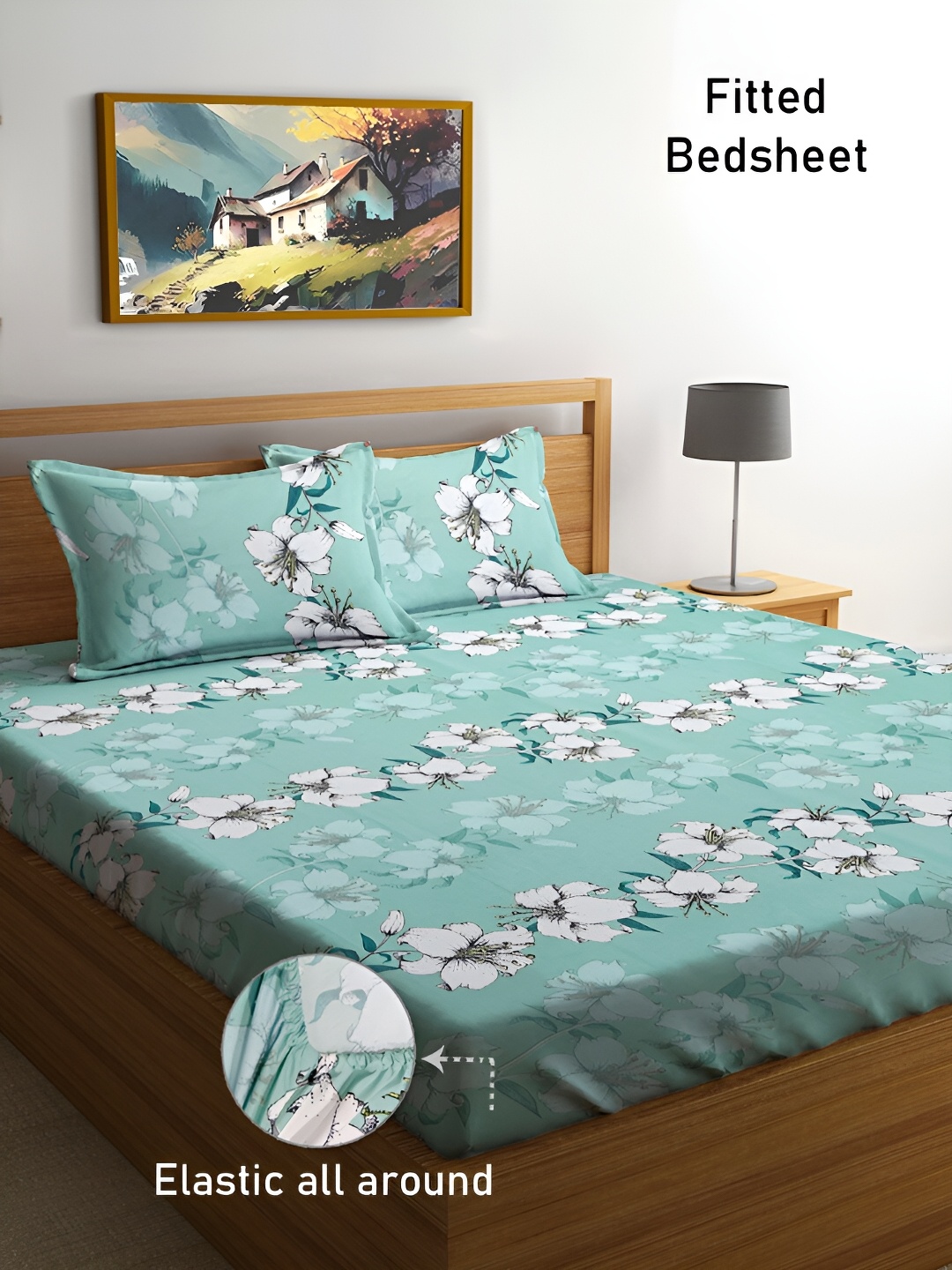 

FABINALIV Floral Print 300 TC Fitted King Bedsheet with 2 Pillow Covers, Green