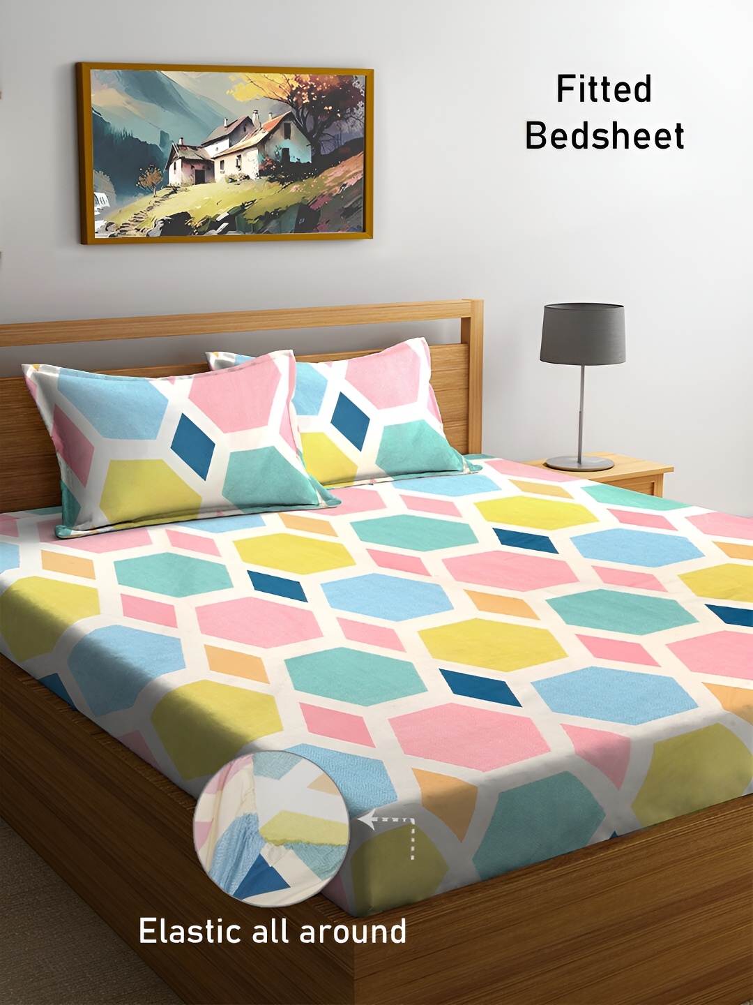

FABINALIV White & Blue Geometric 300 TC Fitted King Bedsheet with 2 Pillow Covers