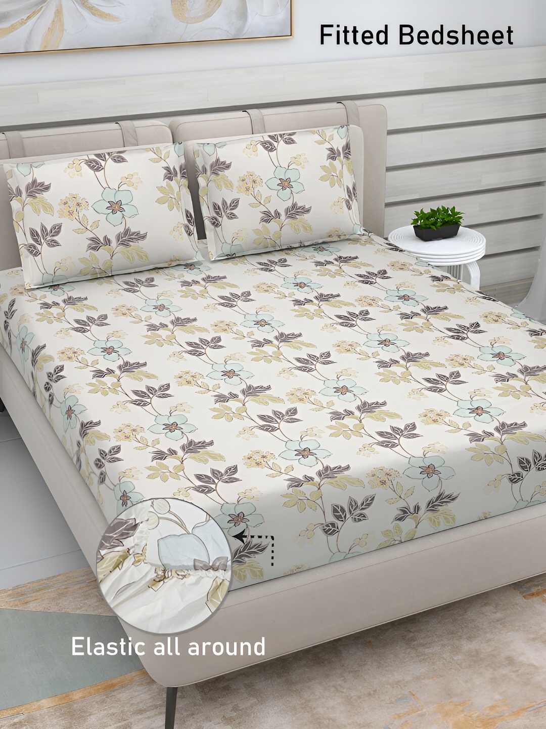 

FABINALIV White & Blue Floral Print 300 TC Fitted King Bedsheet & 2 Pillow Covers