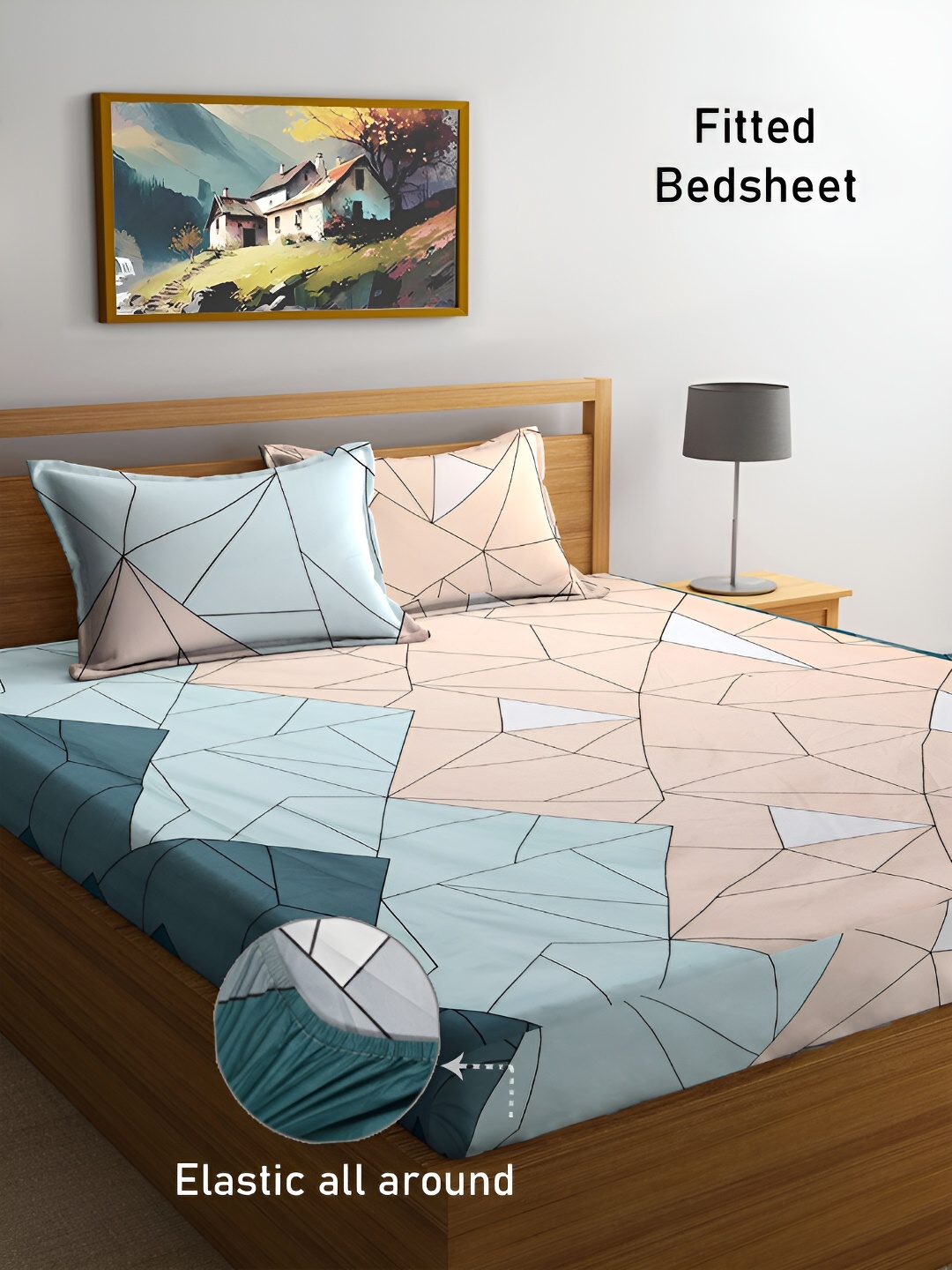 

FABINALIV Geometric Print 300 TC Fitted King Bedsheet with 2 Pillow Covers, Peach