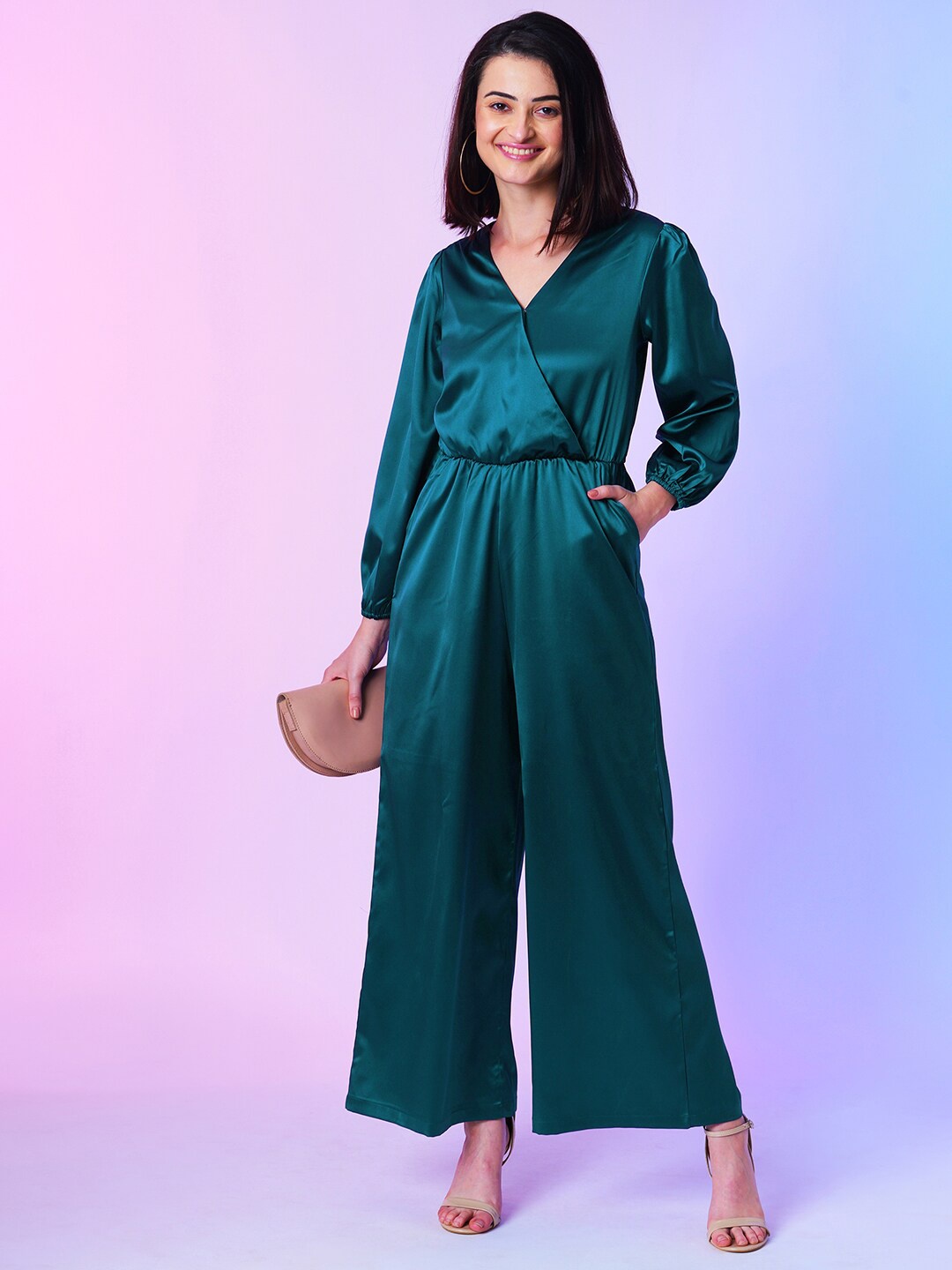 

Globus Teal Green Wrap Neck Wide-Leg Party Jumpsuit