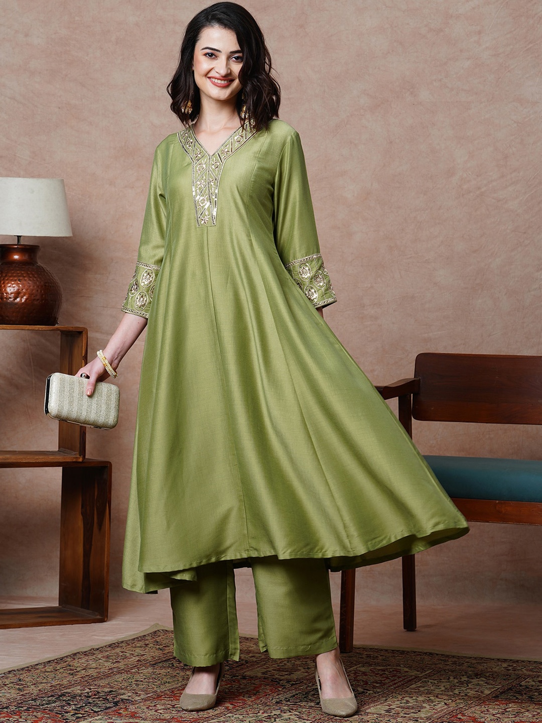 

Globus Floral Embroidered Sequinned A Line Kurta & Trouser Set, Olive