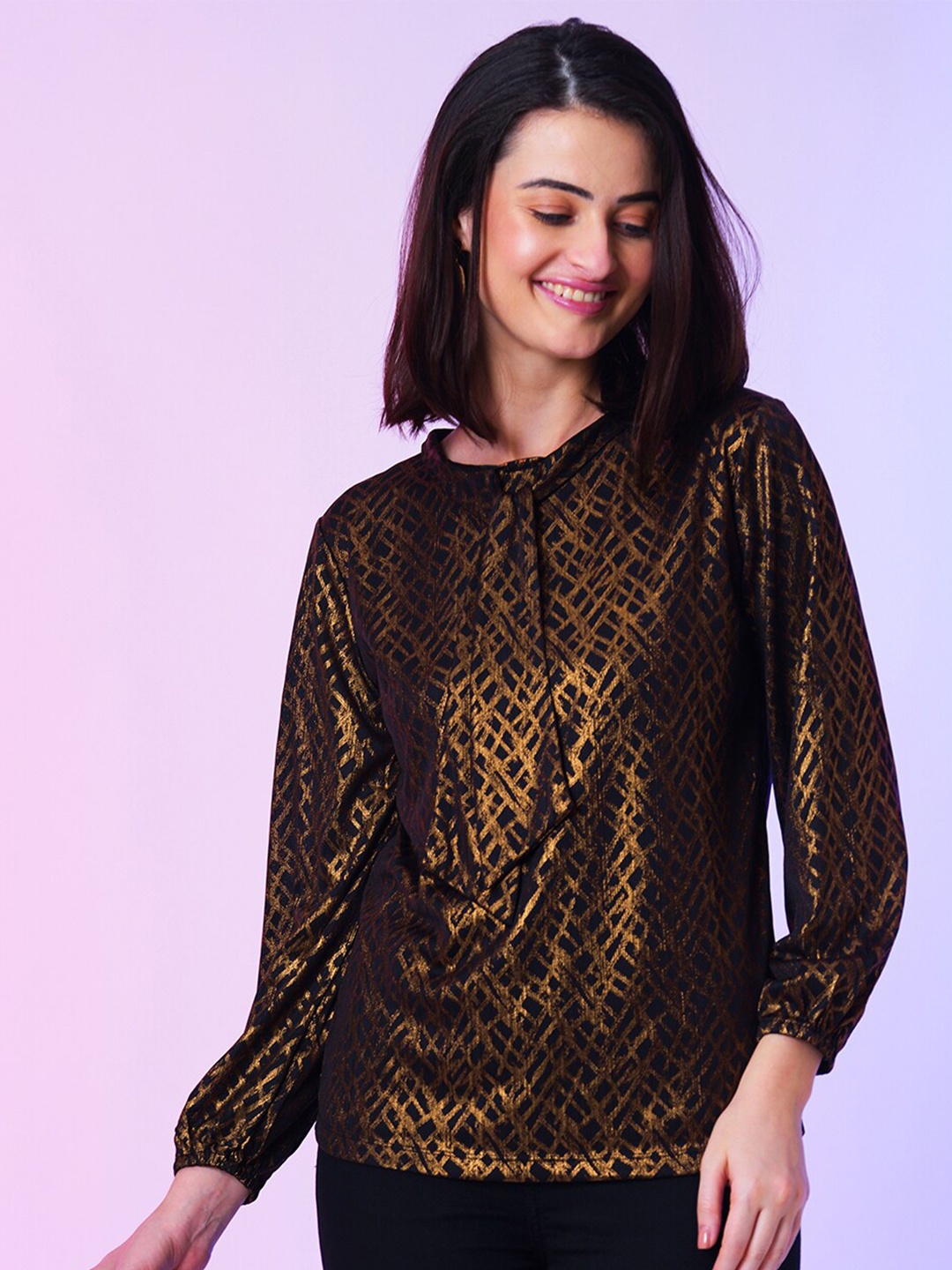 

Globus Tie-Up Neck Cuffed Sleeves Geometric Printed Regular Party Top, Bronze