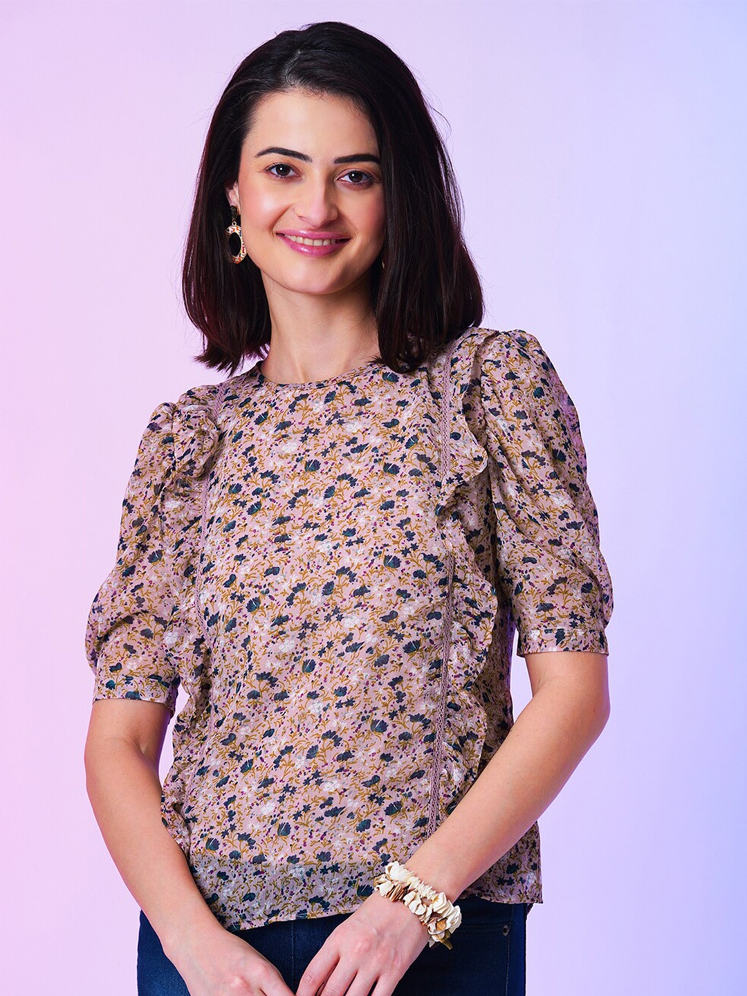 

Globus Floral Print Puff Sleeves Ruffle Detail Semi Sheer Top, Pink