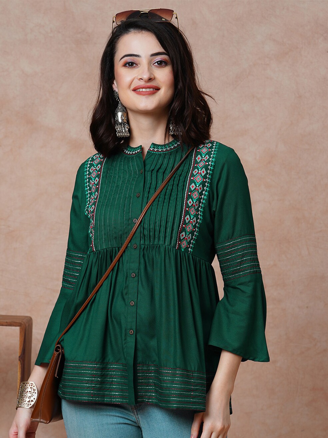 

Globus Embroidered & Accordion Pleat Yoke Mandarin Collar Bell Sleeves Fusion A-Line Tunic, Green