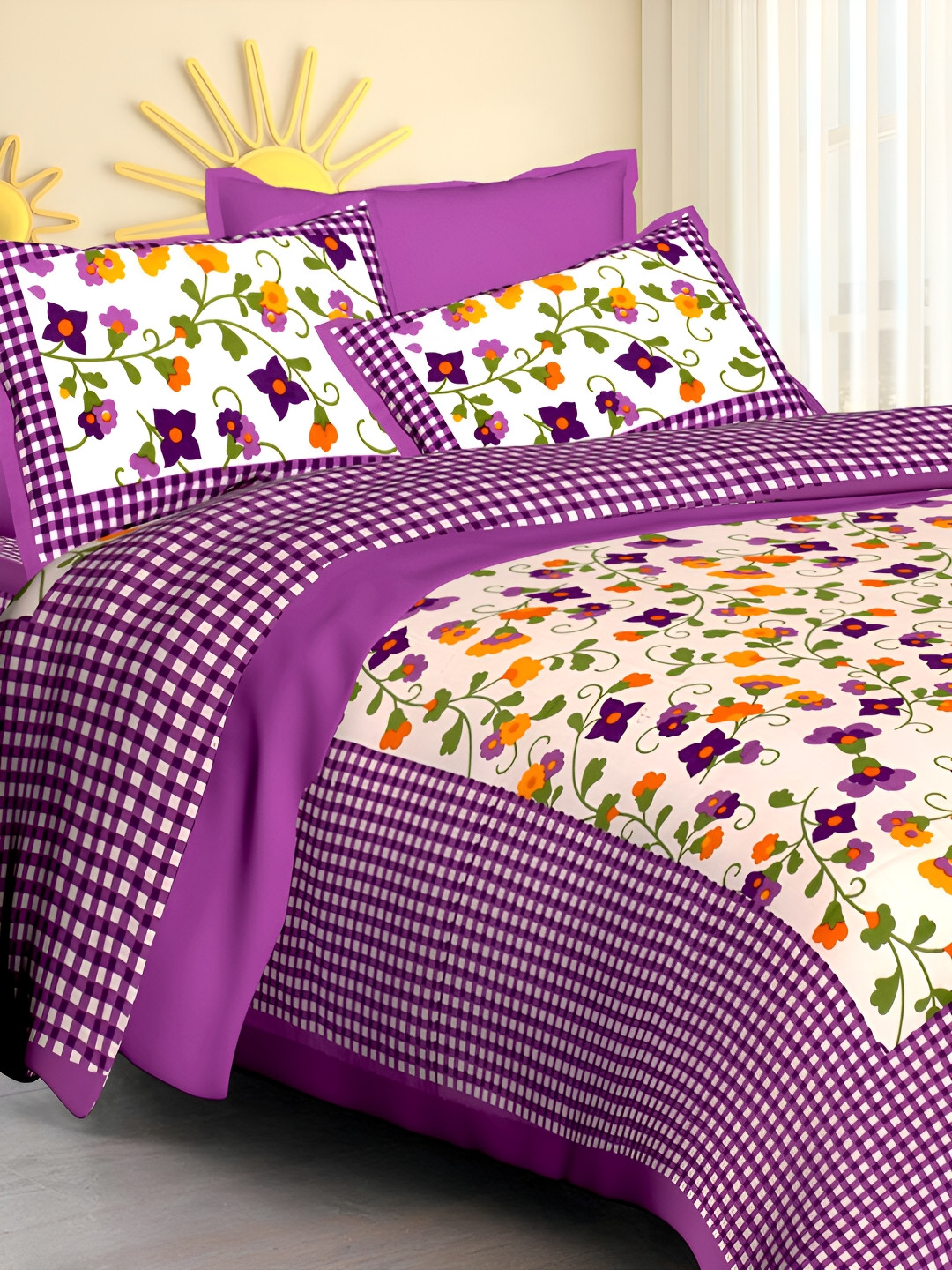 

POORAK Purple & White Floral 104 TC Queen Bedsheet with 2 Pillow Covers