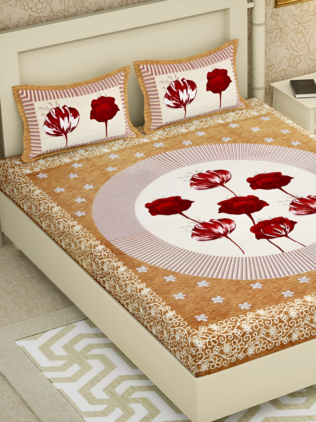 

POORAK Brown & Red Floral 104 TC Queen Bedsheet with 2 Pillow Covers