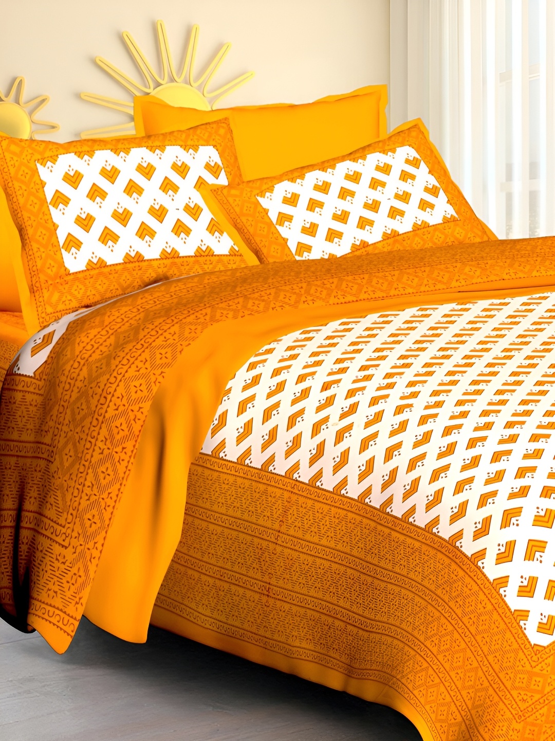 

POORAK Orange & White Geometric 104 TC Queen Bedsheet with 2 Pillow Covers